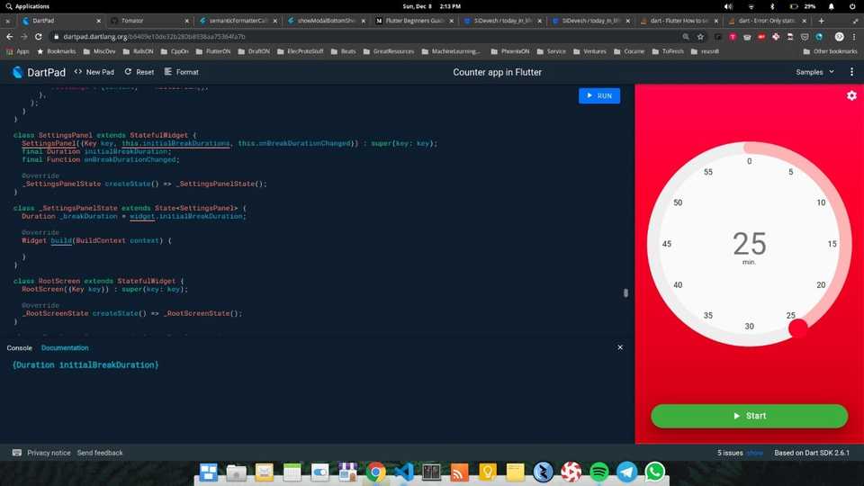 Screenshot of DartPad, building the Flutter app UI
