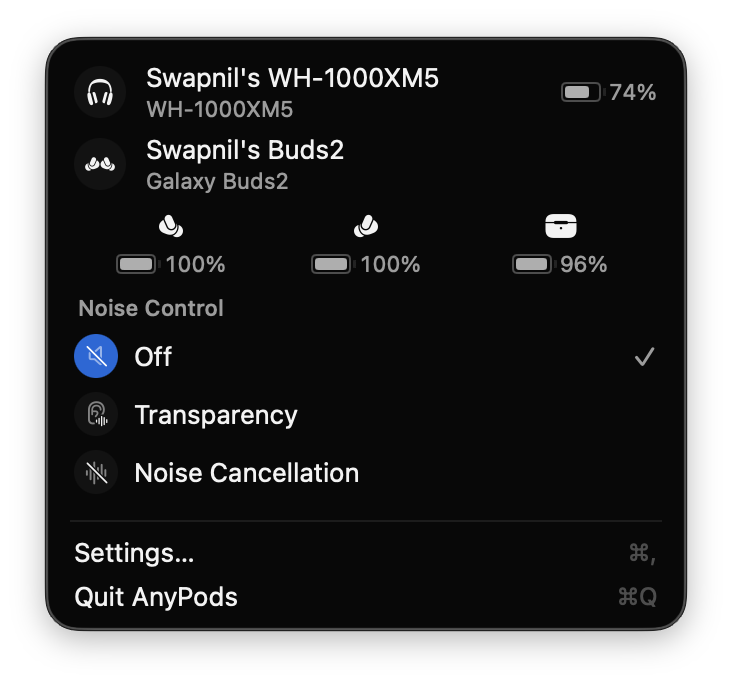 AnyPods menu showing battery levels and noise controls for connected headphones and earbuds